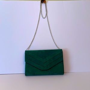 Milisente green suede crossbody purse with silver chain strap or clutch